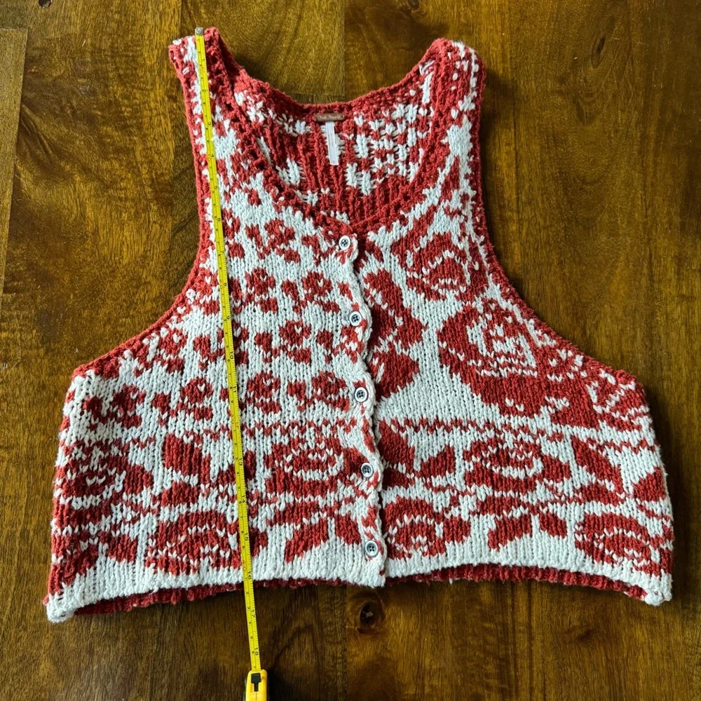 Free People Red and Cream Rose Knit Crop Tank